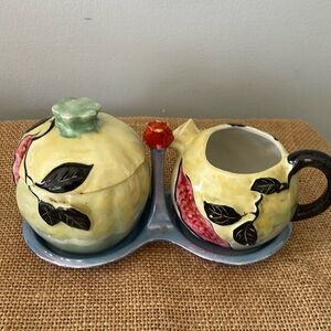Hand painted vintage ceramic sugar & creamer set blue & green